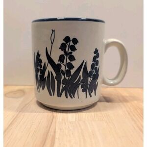 Vtg Cream Blue Ceramic Stoneware Coffee Mug Field Lily The‎ Valley Floral Korea